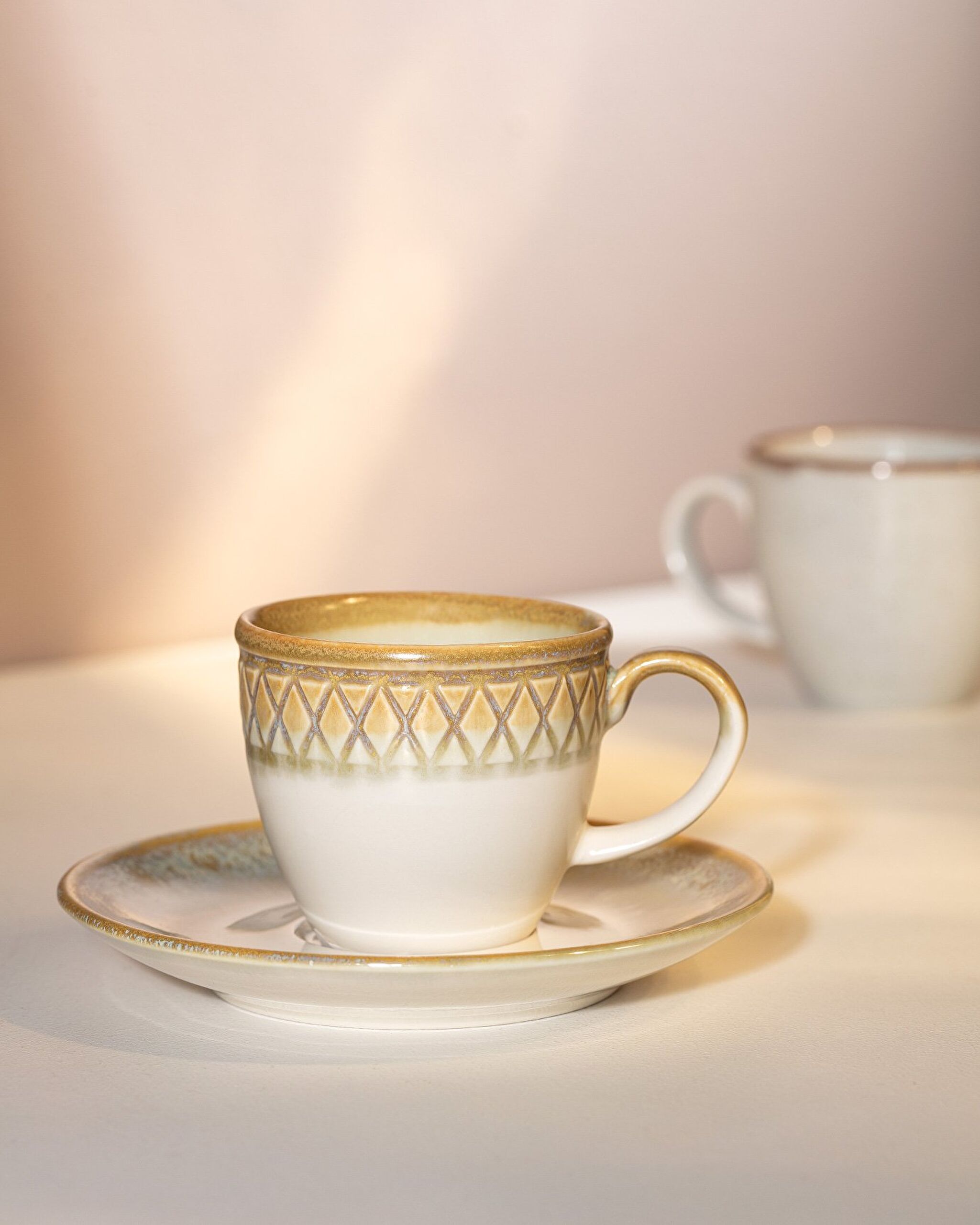 Ensemble Antique de 6 Tasses à Café - Crème/Terre - 90 ml - 0