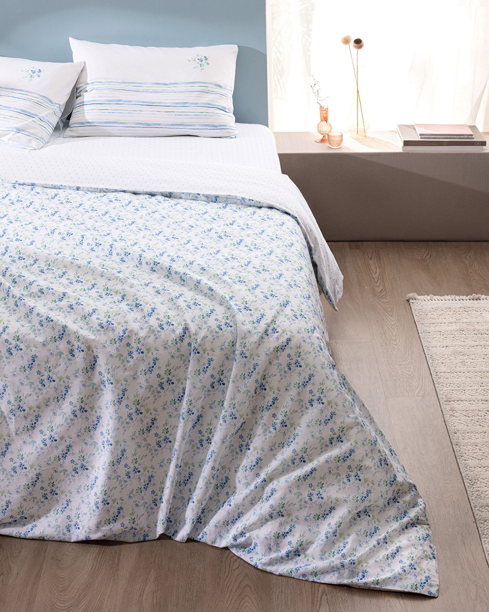 Ensemble de housse de couette imprimé Ranforce 100 % coton double Squirre - Bleu - 1