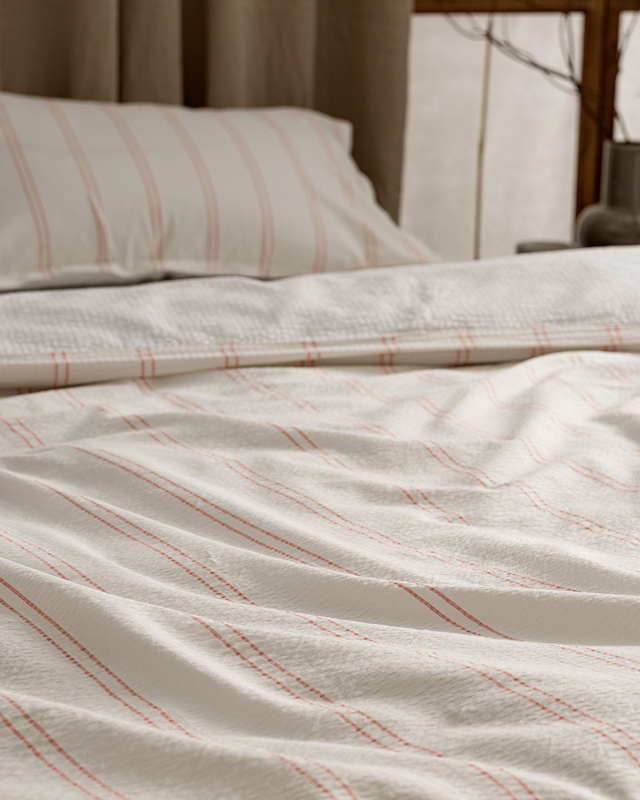 Linda Çizgili Çift Kişilik %100 Pamuk Yıkamalı Gofre Nevresim Takımı - Beyaz/Mercan - 4