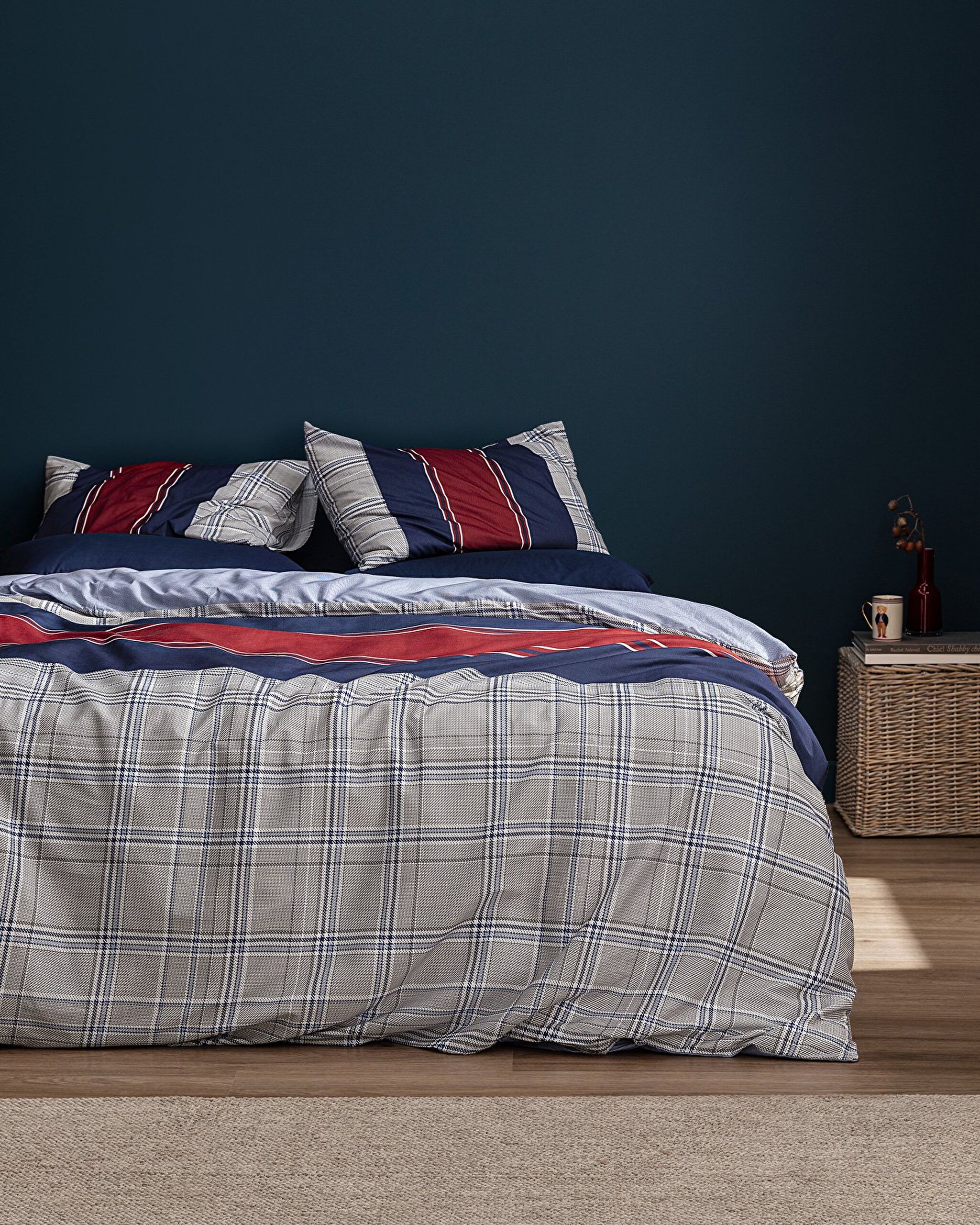 Parure de lit double Vardan 100 % coton Ranforce imprimé - Bleu marine/gris - 0