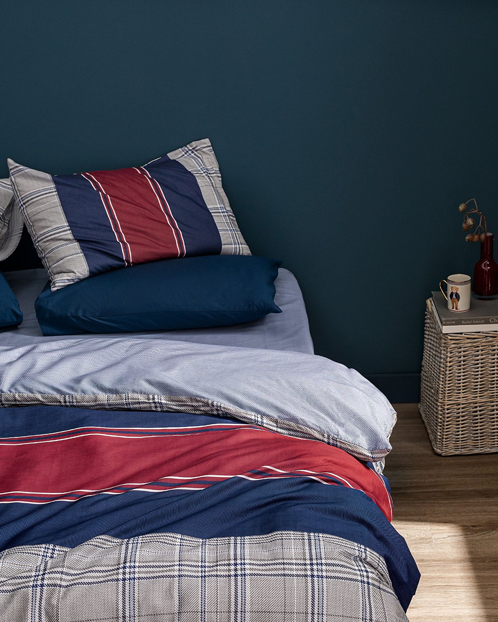 Parure de lit double Vardan 100 % coton Ranforce imprimé - Bleu marine/gris - 1