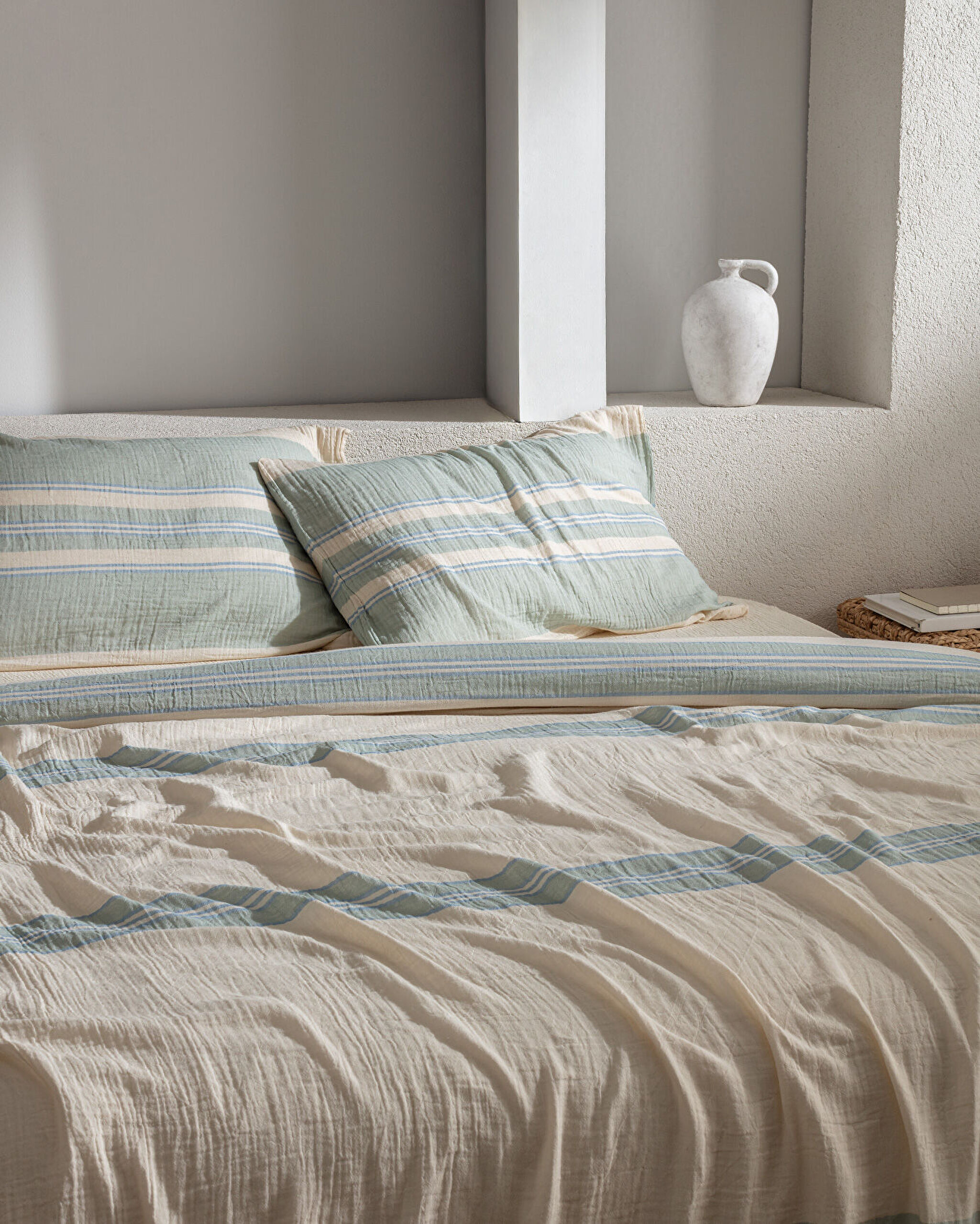 Sheryl Double Sıze Muslın Yarn Dyed Duvet Cover Set - Fıtted - 1