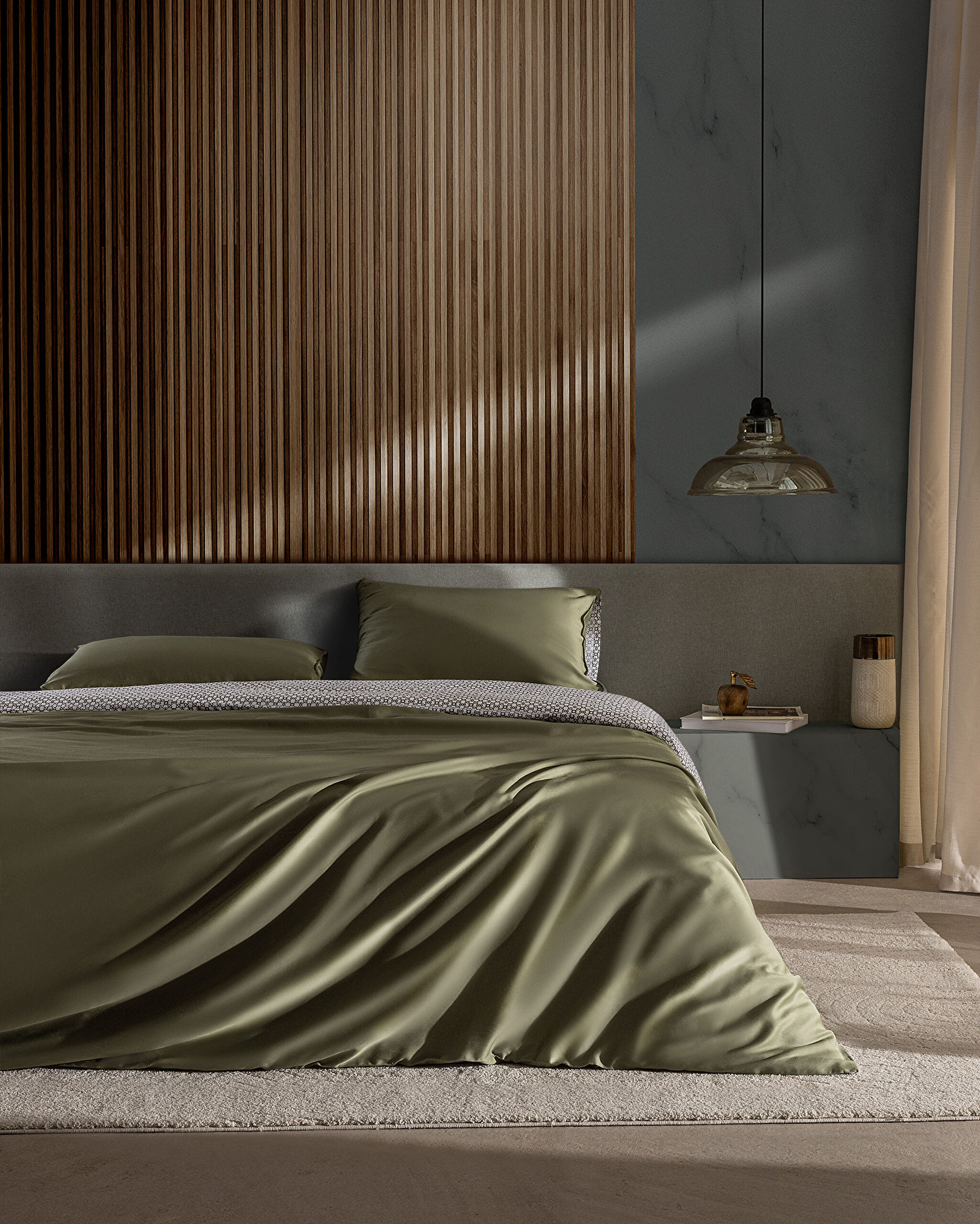 Ensemble de housse de couette en satin imprimé 100 % coton Dennie - Kaki - 0