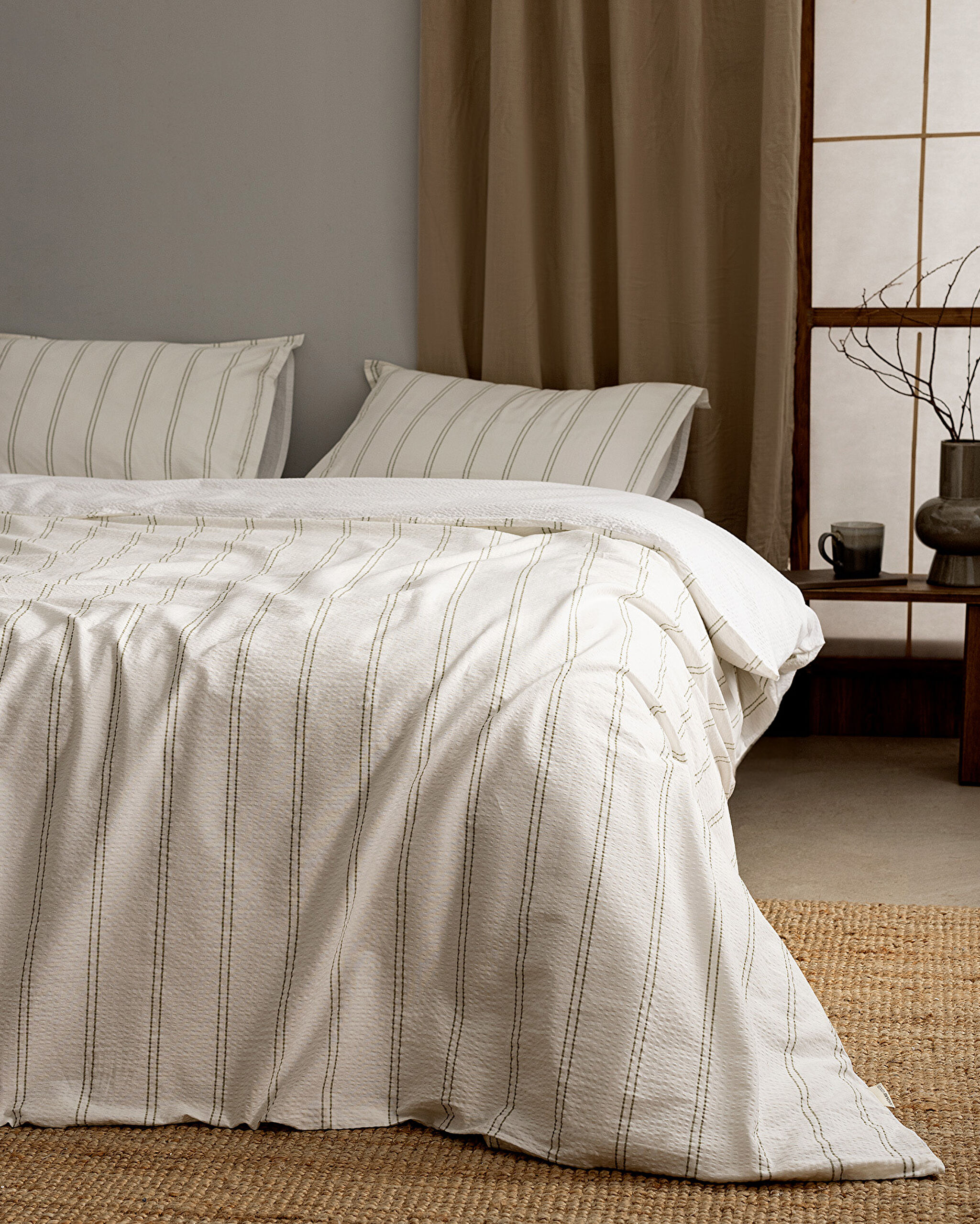 Ensemble de housse de couette en seersucker lavé 100 % coton à rayures Linda pour très grand lit - B - 1