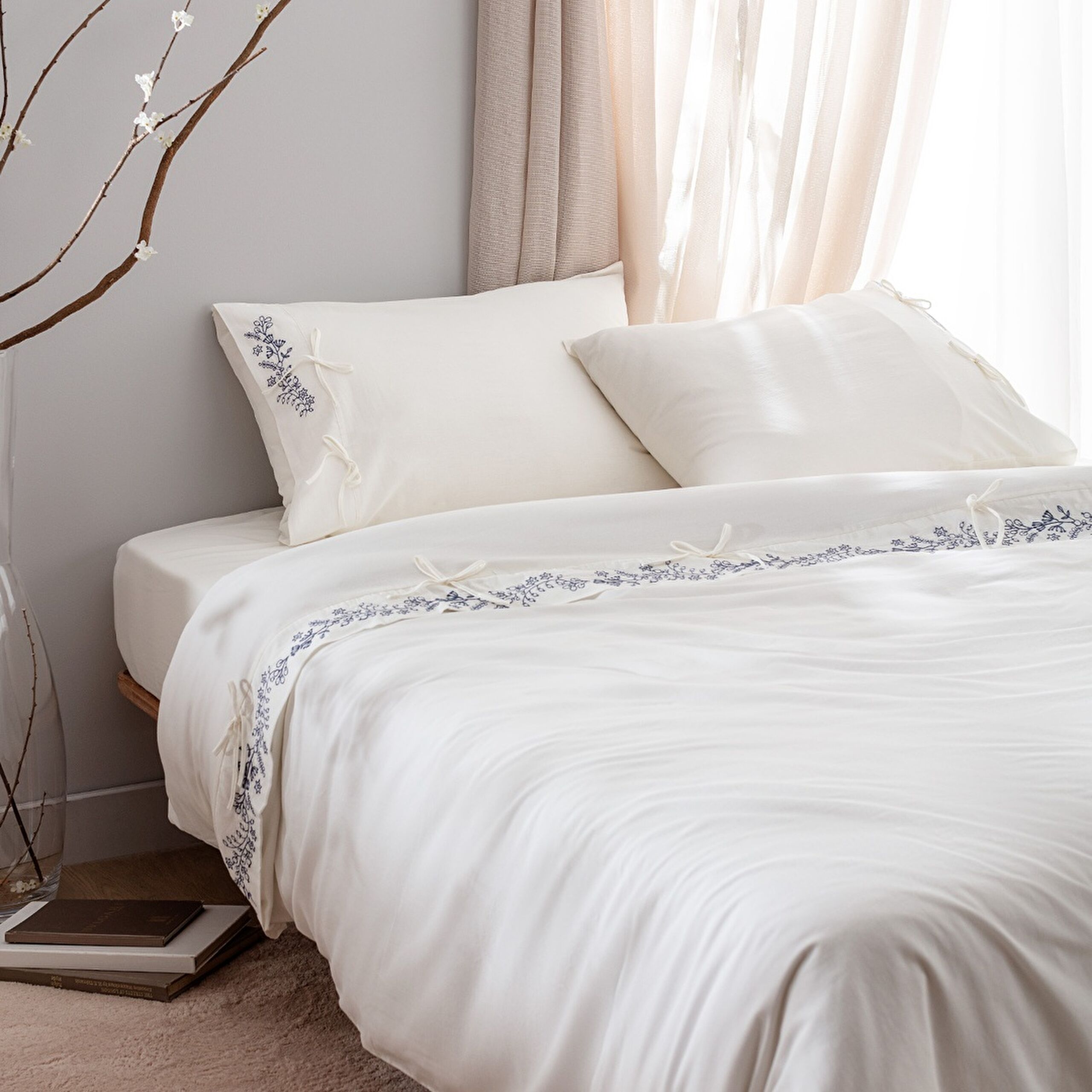 Parure de lit King Size 100 % coton avec housse de couette nouée - Écru/Bleu marine - 0