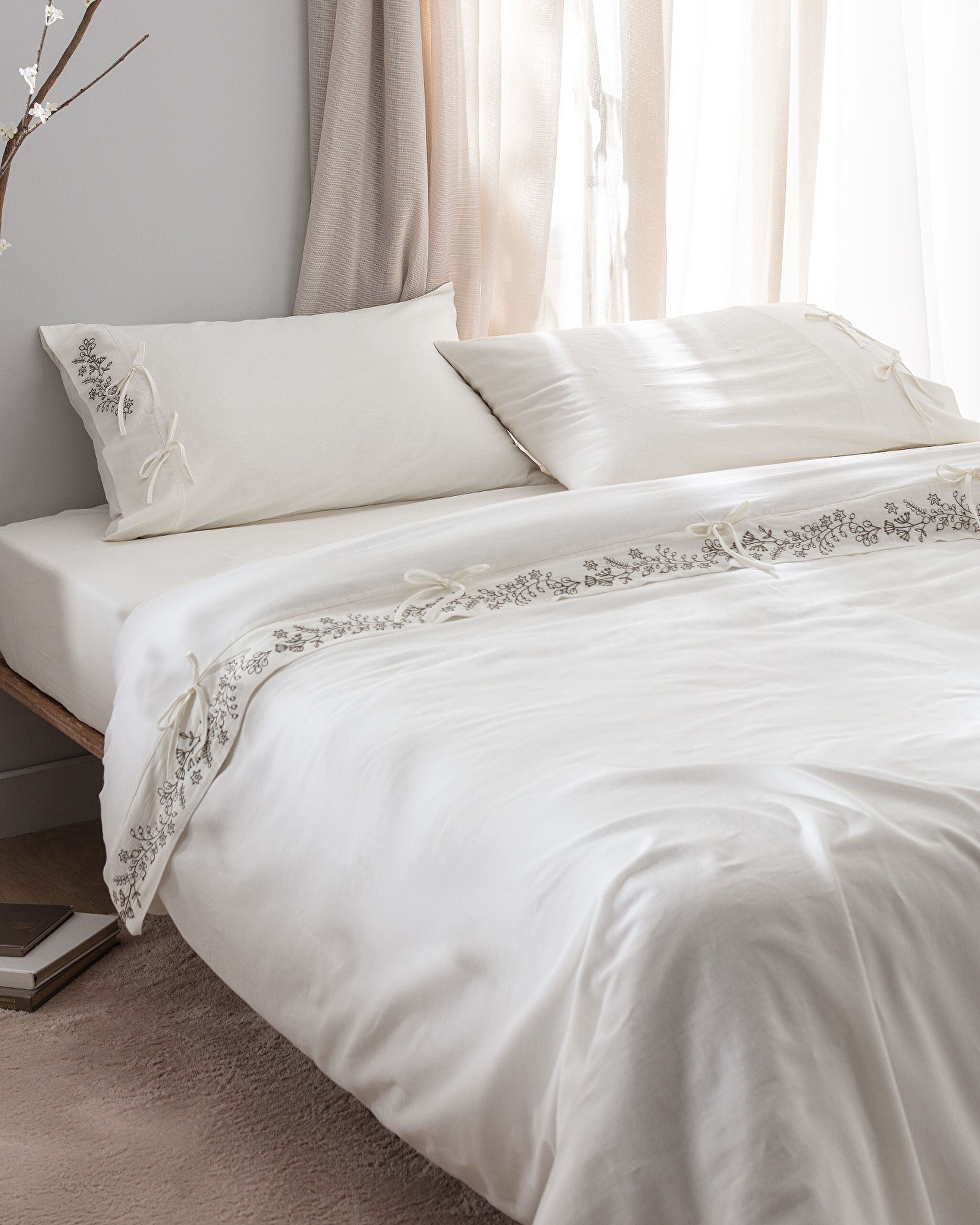 Parure de lit King Size 100 % coton avec housse de couette nouée - Écru/Kaki - 2