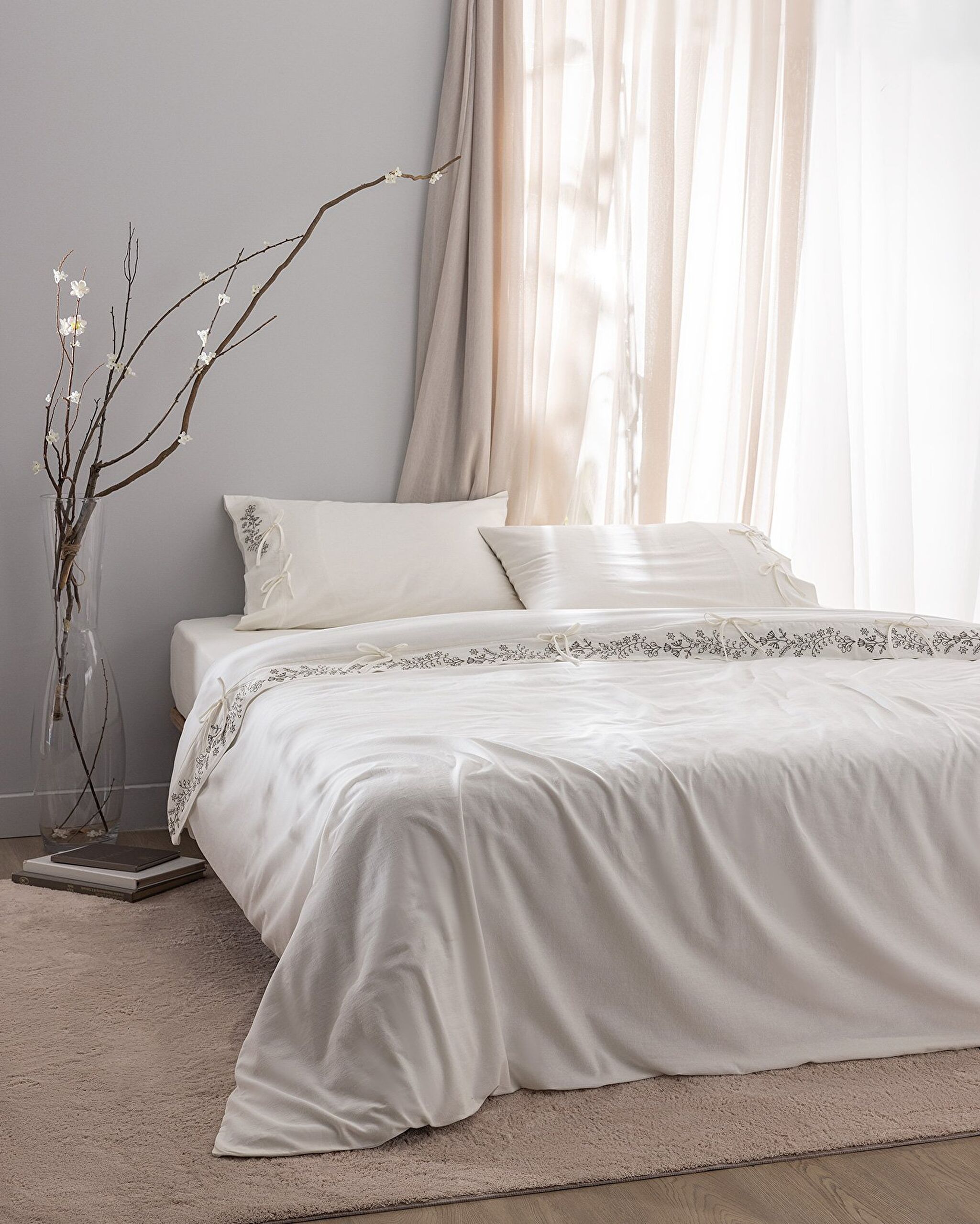 Parure de lit King Size 100 % coton avec housse de couette nouée - Écru/Kaki - 0