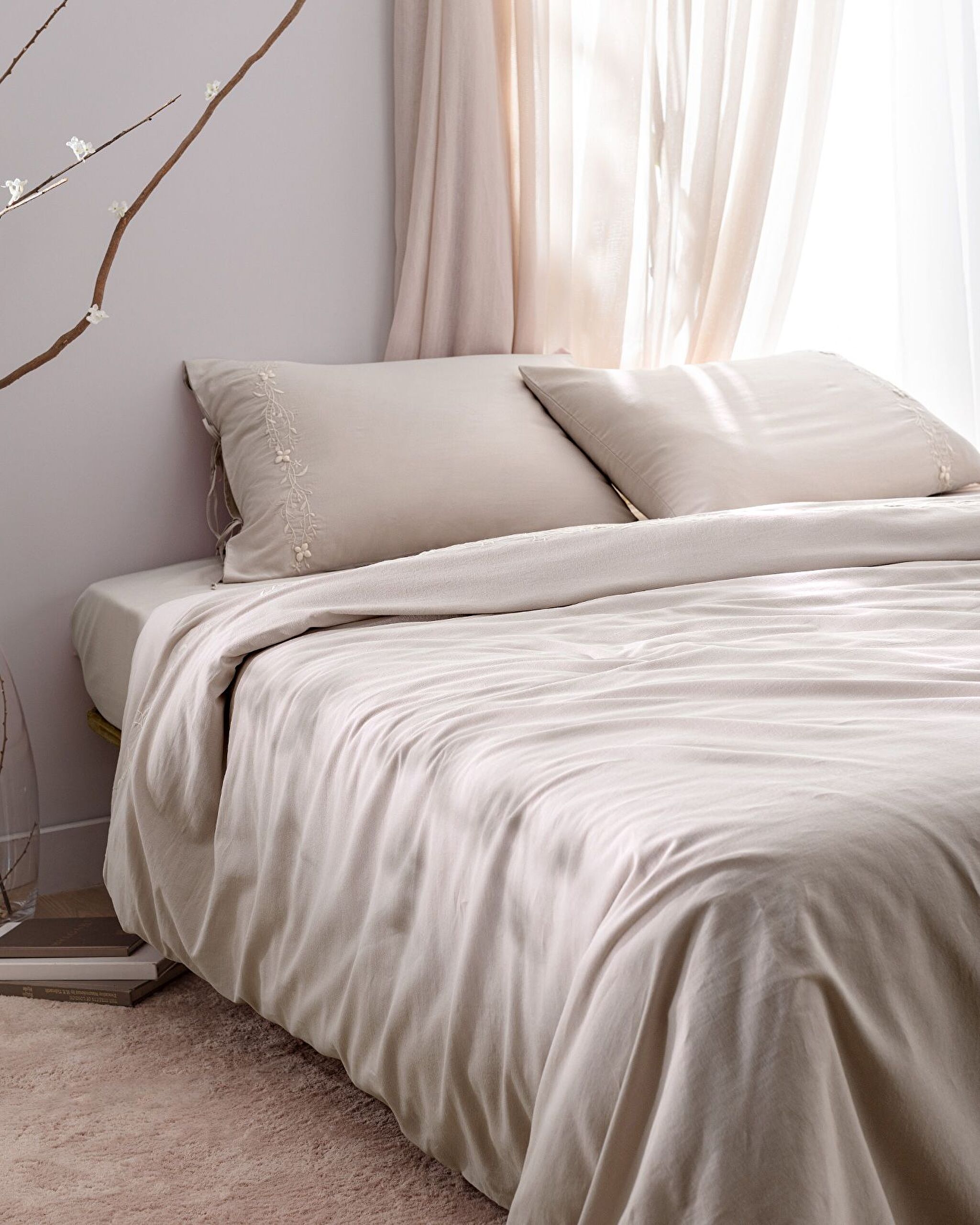 Ensemble de housse de couette brodée 100 % coton King Size Loris - Beige - 2