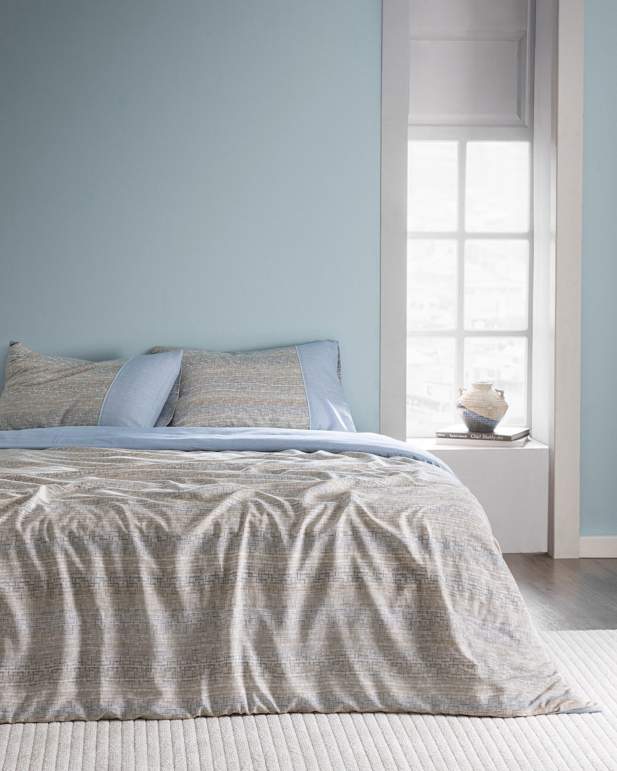 Ensemble de housse de couette imprimé Madame Coco Crep Burnel simple 100 % coton - Bleu/Beige - 0