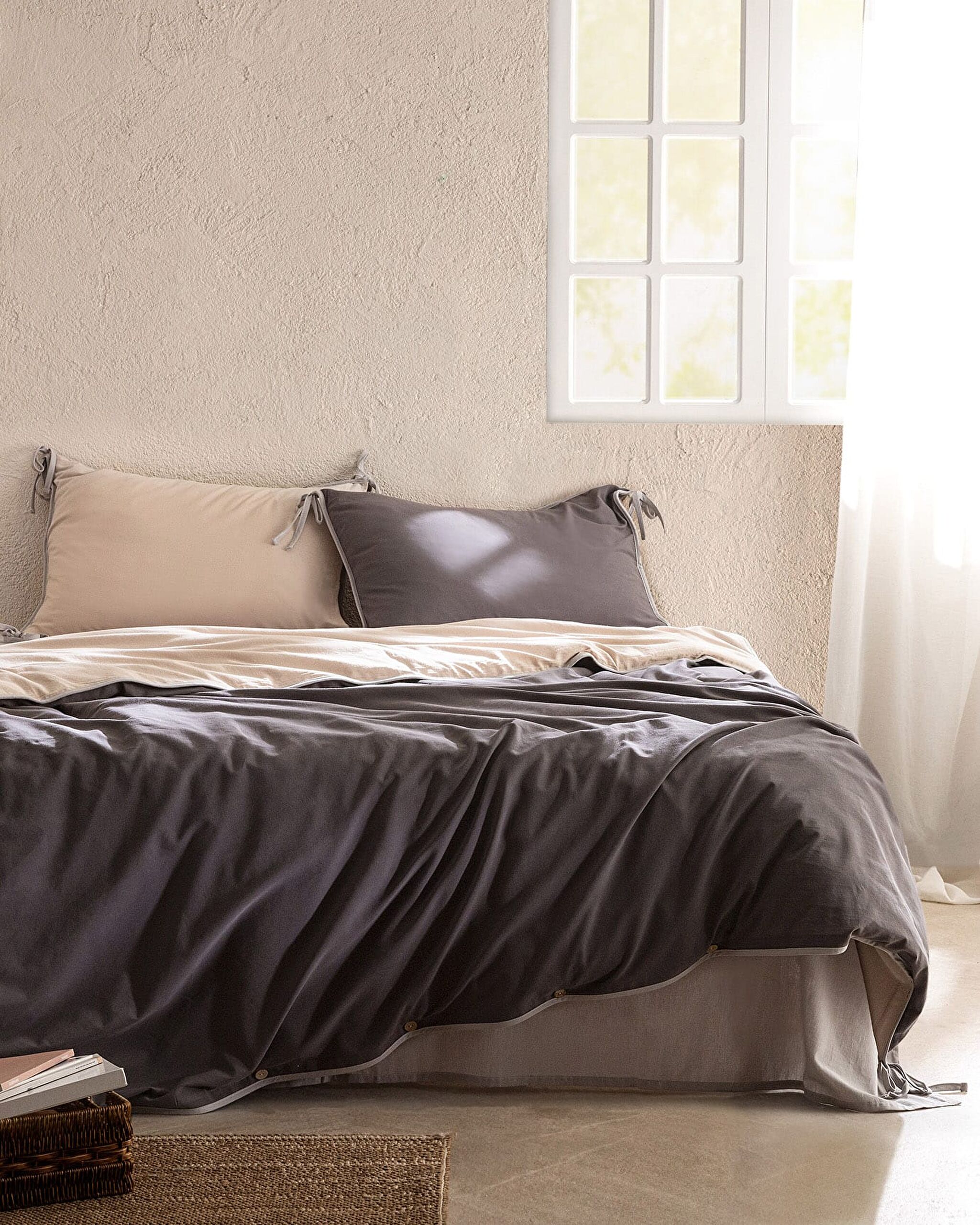 Aimon Single 100% Cotton Washed Tied Duvet Cover Set - Anthracite/Beige - 0