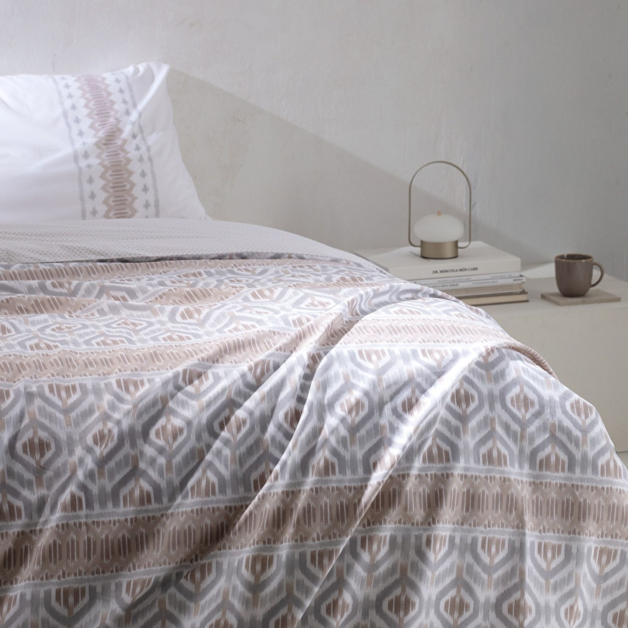 Ensemble de housse de couette imprimé Ranforce simple 100 % coton Abrial - Beige/Gris - 1