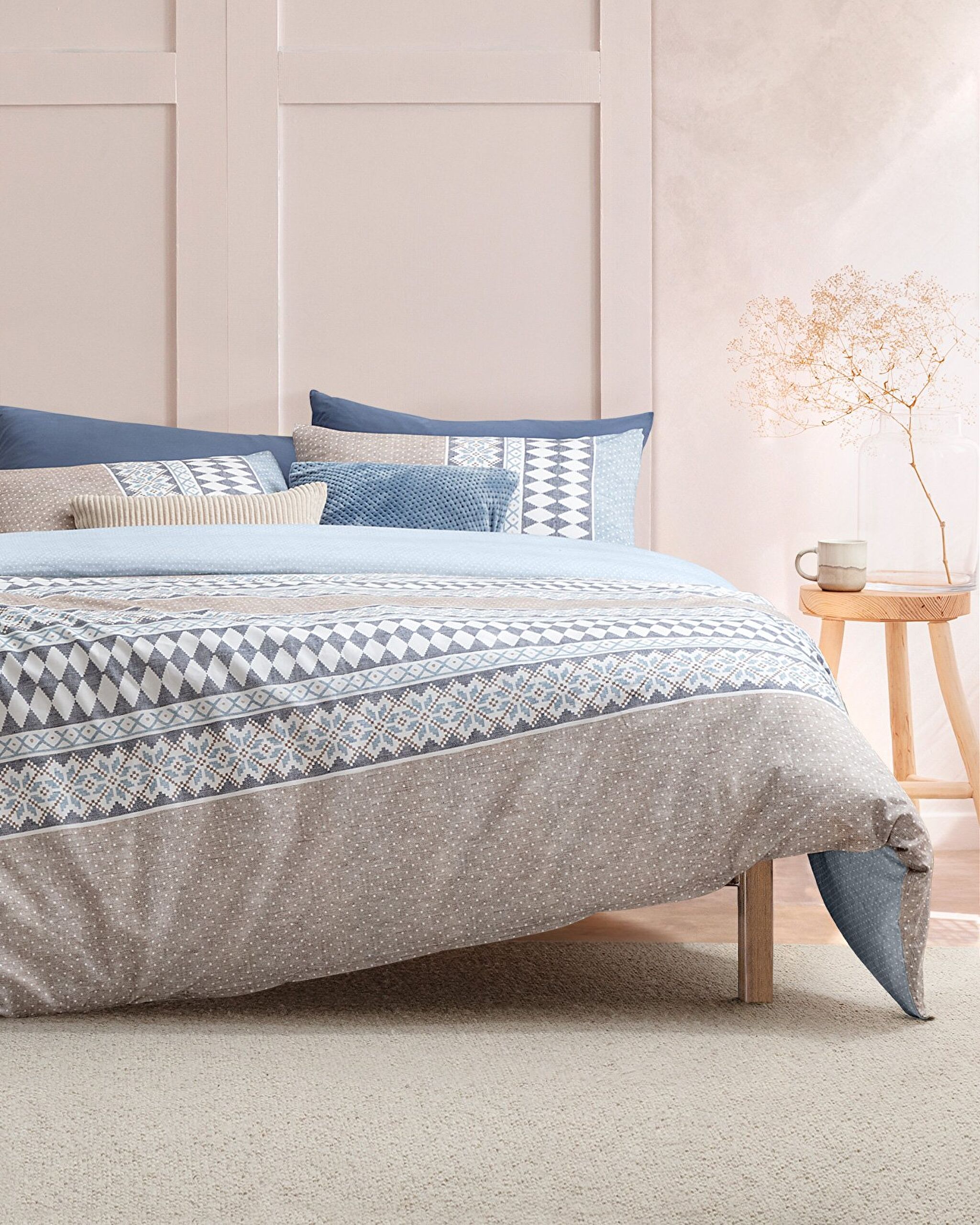 Benoit Single 100 % Baumwolle Ranforce bedrucktes Bettbezug-Set – Beige/Blau - 0