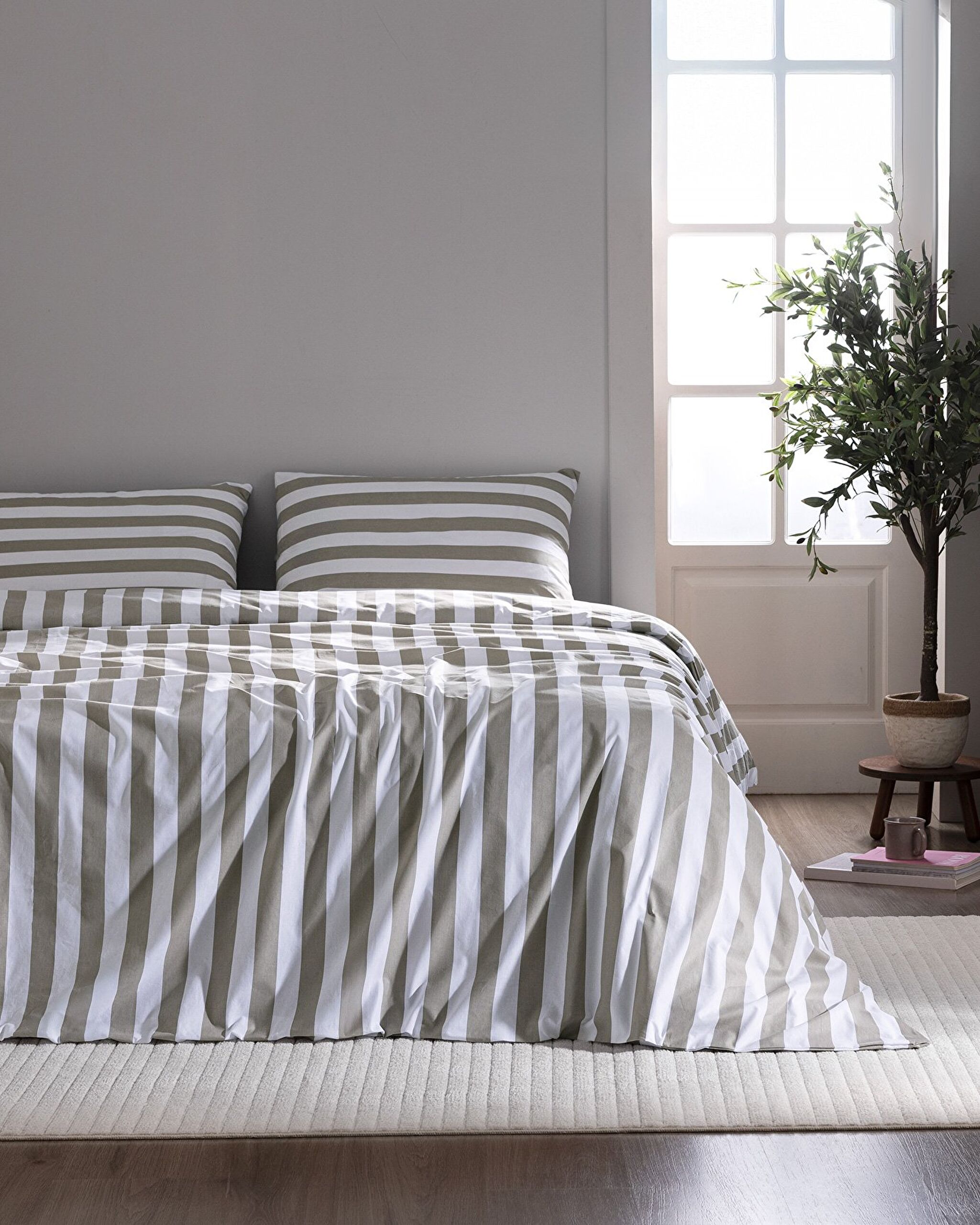 Ensemble de housse de couette imprimé Ranforce simple 100 % coton Avignon - Kaki - 0