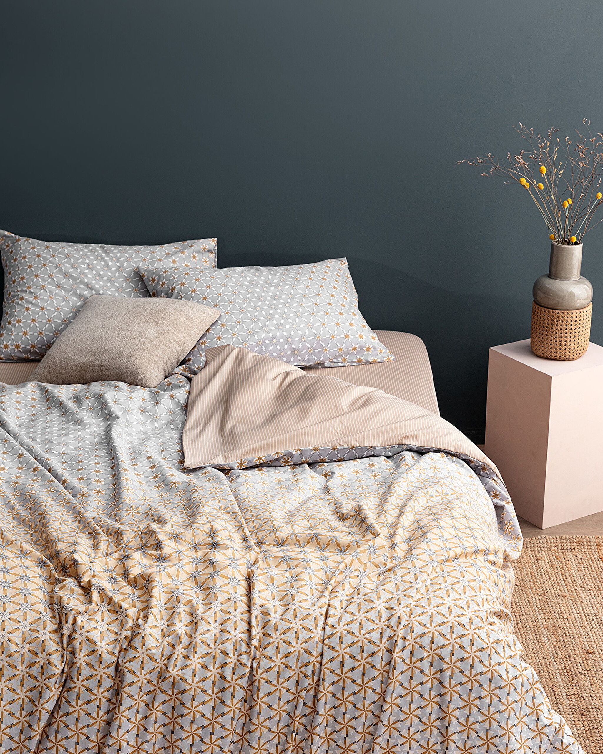 Ensemble de housse de couette simple en coton imprimé Rainger - Gris/Beige - 0