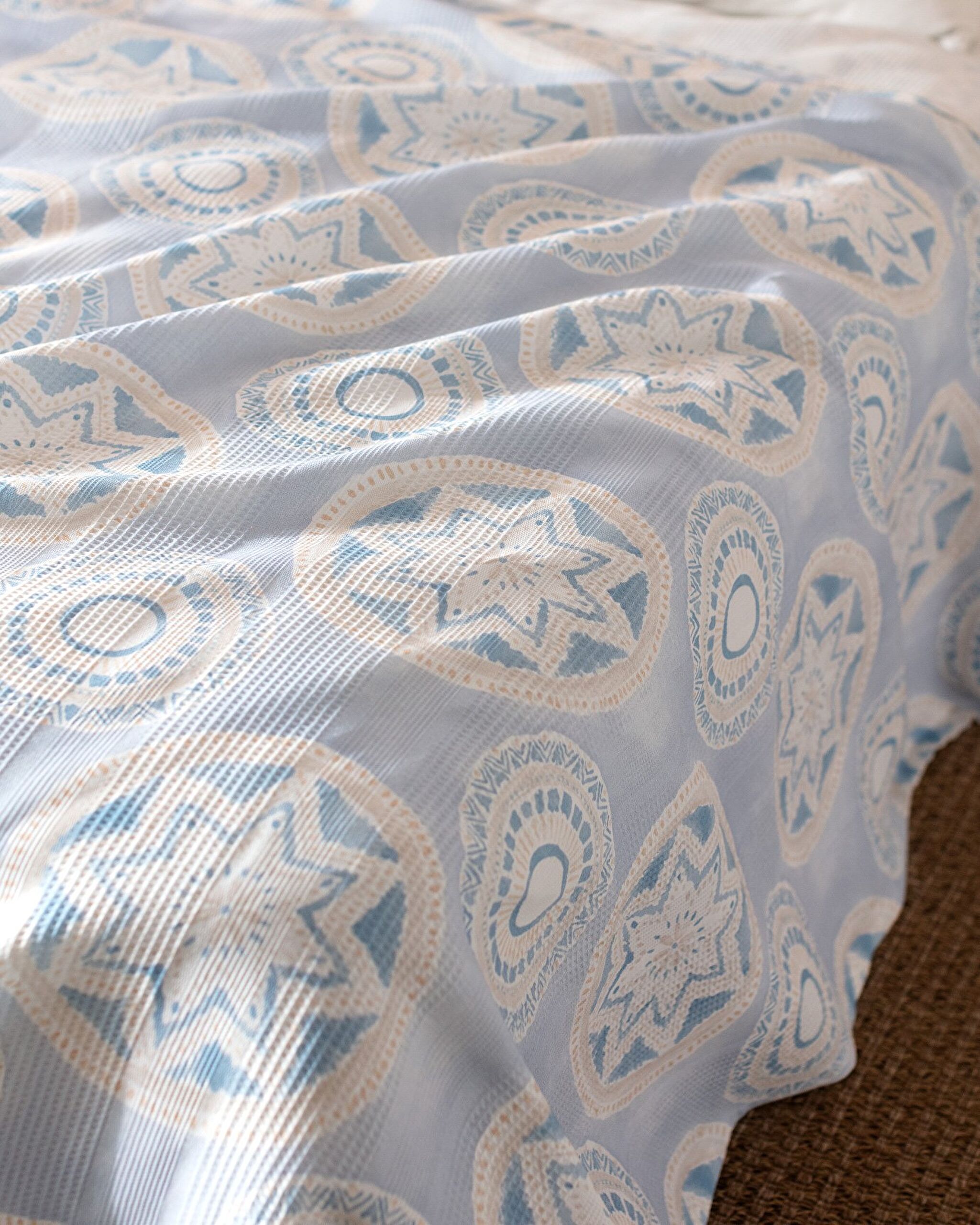 Ensemble piqué imprimé cardé double Orva 100 % coton - Bleu/Beige - 1