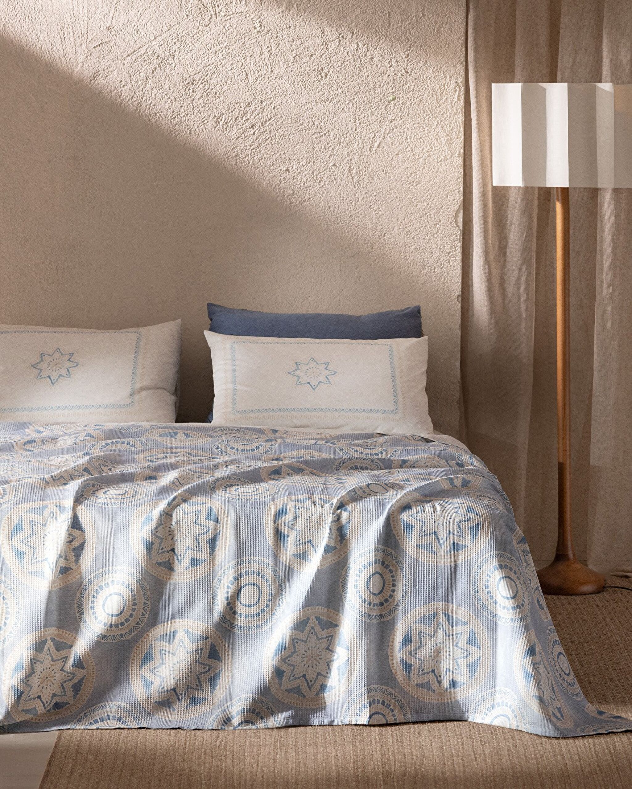 Ensemble piqué imprimé cardé double Orva 100 % coton - Bleu/Beige - 0