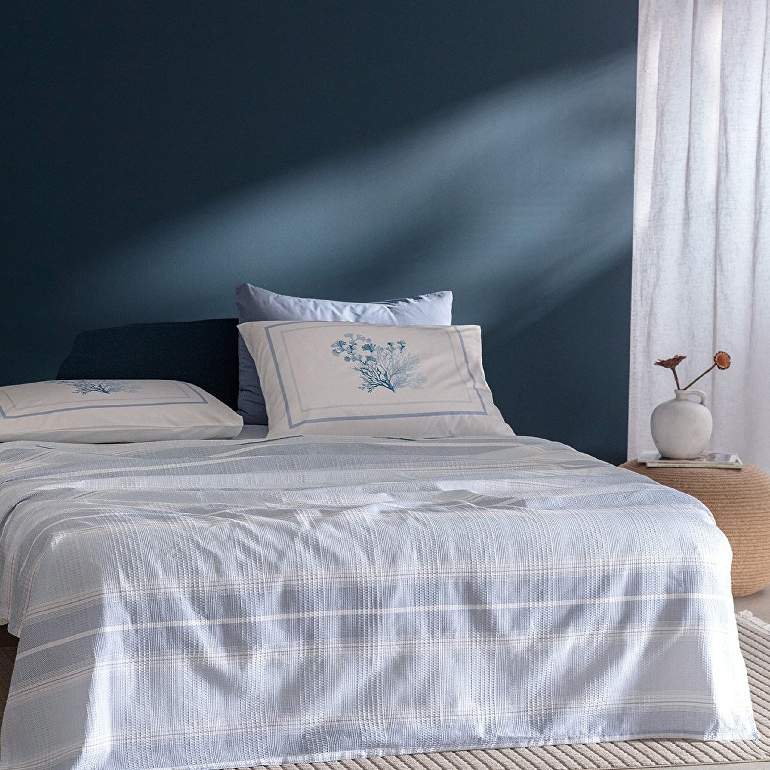 Edgard Pamuklu Çift Kişilik Ecocell Baskılı Pike Takımı - Mavi - 0