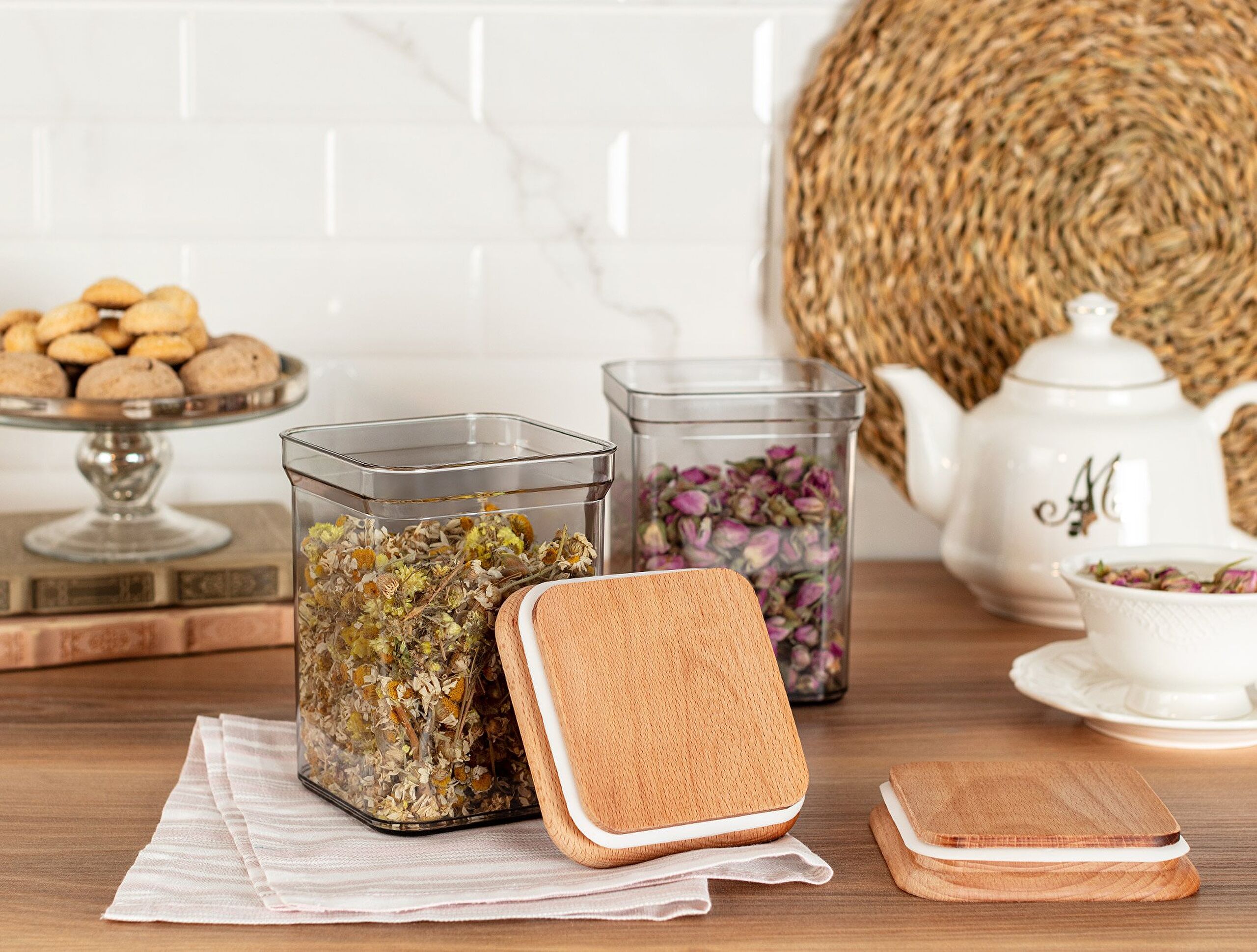 Kaviera Boîte de rangement avec couvercle en bois 1000 ml 2 pièces - 1