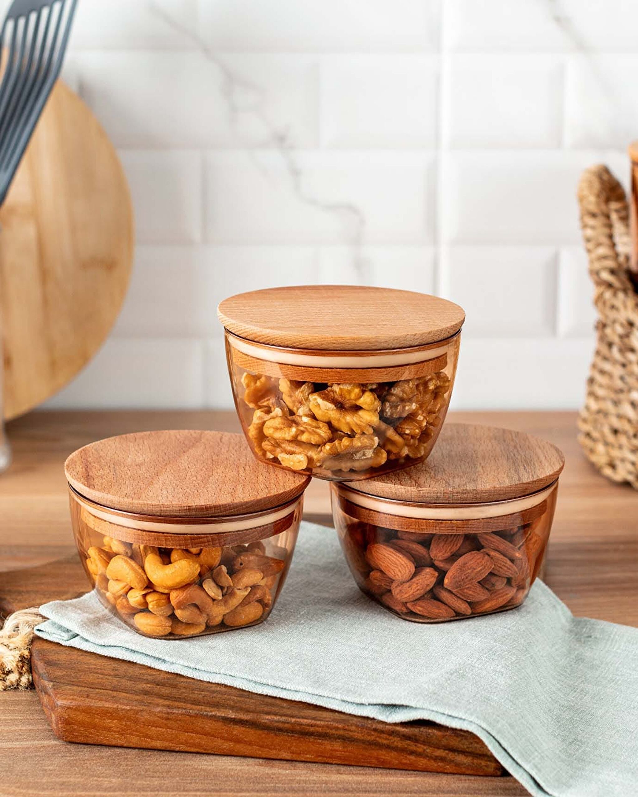 Florian Lot de 3 récipients de conservation 380 ml avec couvercle en bois