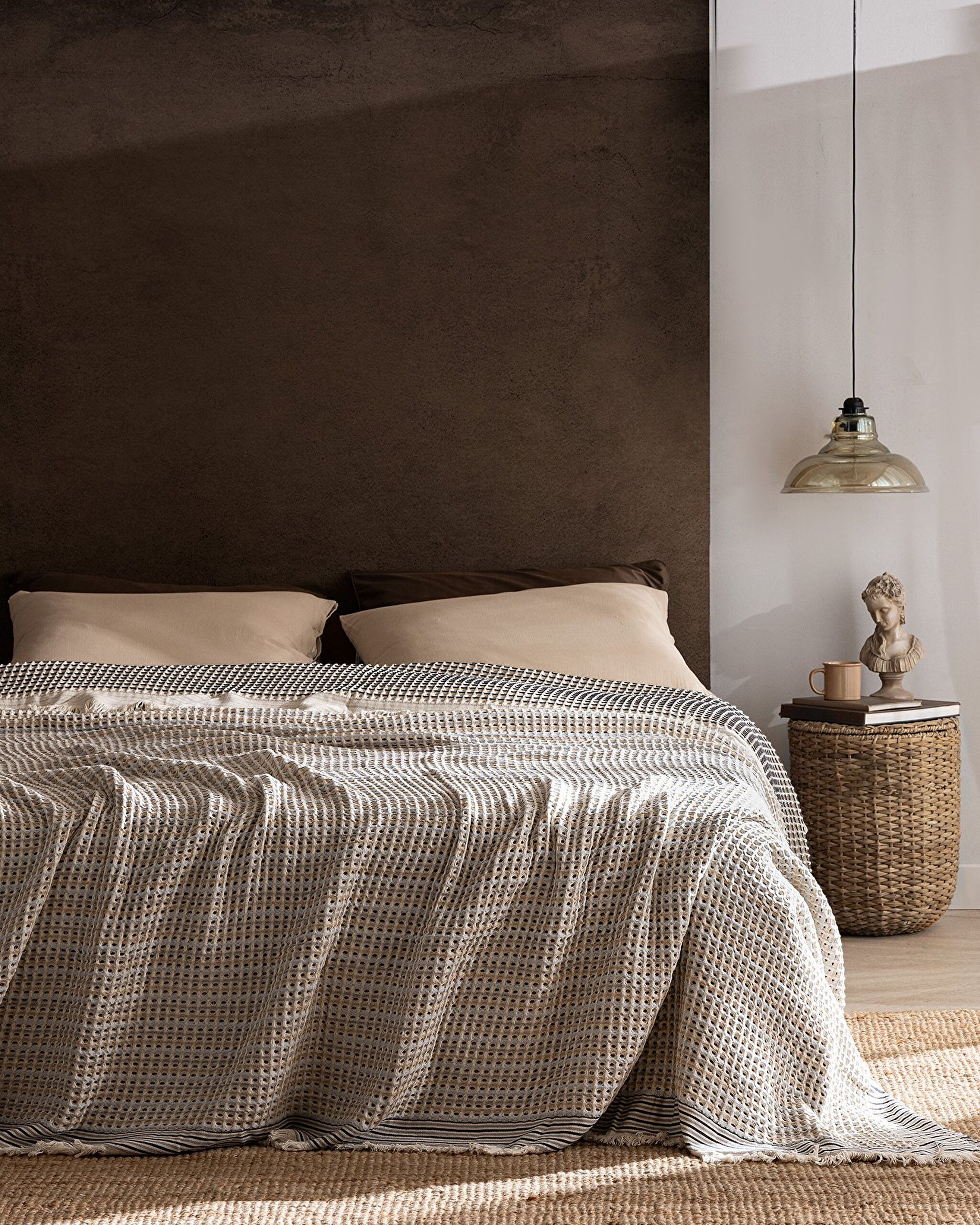 Couvre-lit Bresdon double 100 % coton - Beige/Bleu - 0