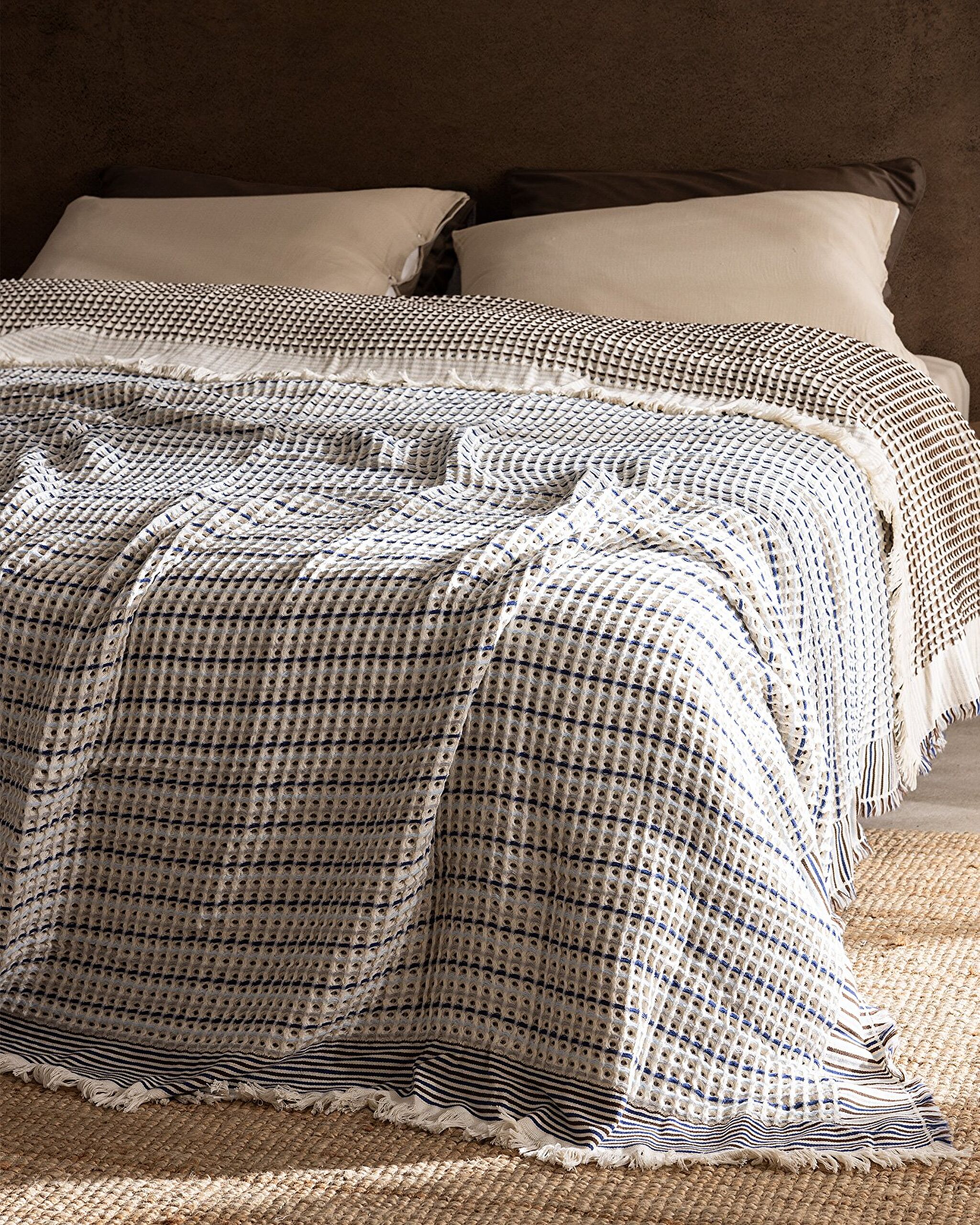 Couvre-lit simple 100 % coton Bresdon - Marron/Bleu - 1