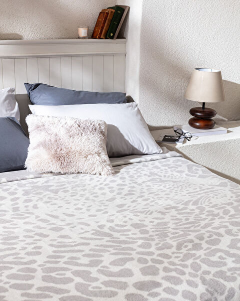 Leopard Tek Kişilik Pamuklu Jakar Battaniye - Gri - 1