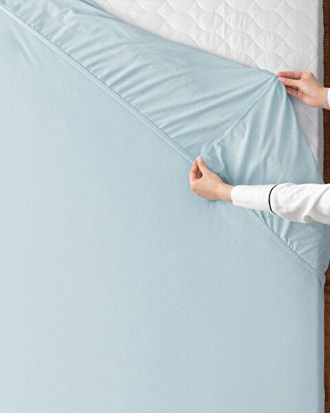 Doppeltes elastisches Bettlaken aus 100 % gekämmter Baumwolle – Blau - 0