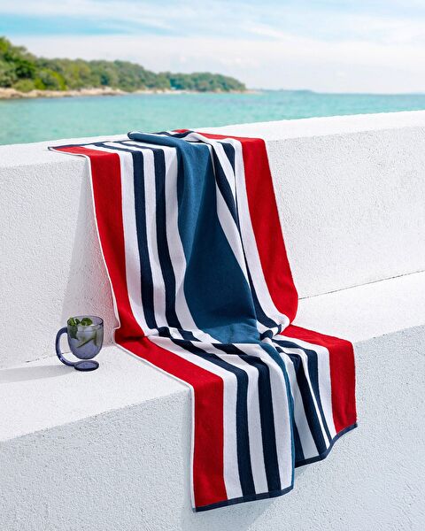 Denney 100% Cotton Beach Towel - Navy Blue/Red - 70x150 cm - 0