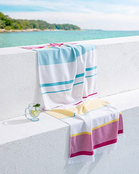 Serviette de Plage Ella 100% Coton - Turquoise/Fuchsia - 70x150 cm - 0