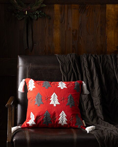 Housse de coussin en coton Honfleur - Rouge/Fumée/Écru/Doré - 45 x 45 cm - 0