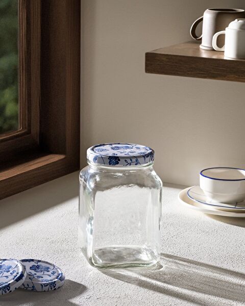 Rêve Bleu Fleur Kare Cam Kavanoz 1600ml - 0