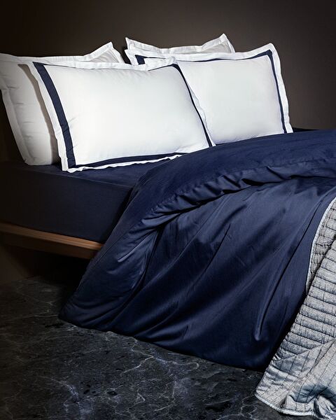 Jeanne Double Bordered Satin Duvet Cover Set - White/Navy Blue - 0