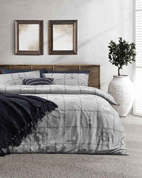 Parure de lit double en jacquard de coton Etretat - Gris - 0