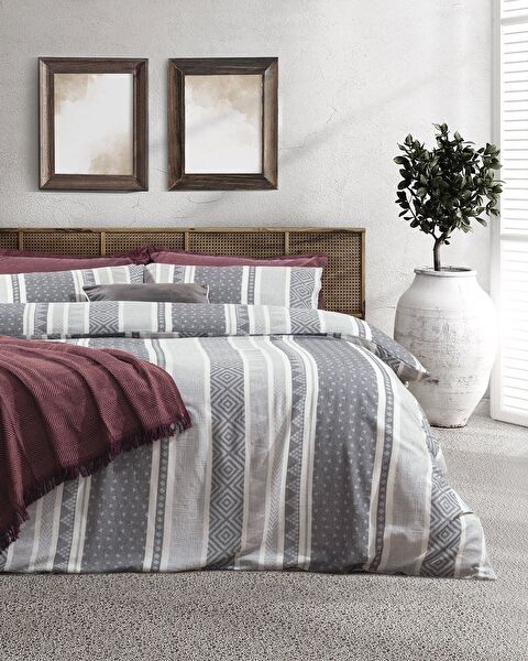 Semnoz Çift Kişilik Pamuklu Jakarlı Nevresim Takımı - Gri/Antrasit - 0