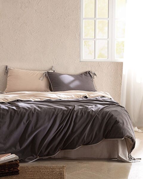 Ensemble de housse de couette double 100 % coton délavé Aimon - Anthracite/Beige - 0