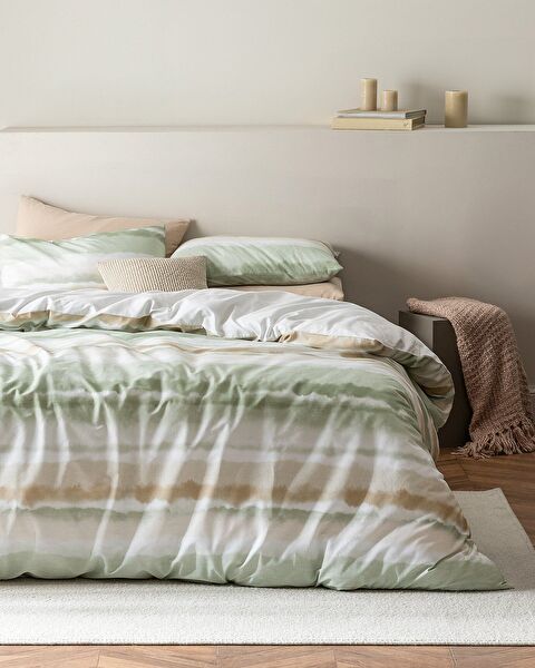 Ensemble de housse de couette imprimé Ranforce double 100 % coton Leda - Kaki - 0