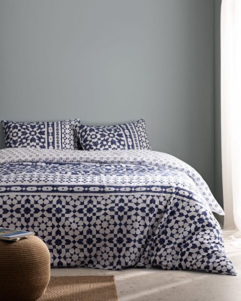 Ensemble de housse de couette imprimé Ranforce double 100 % coton Deor - Bleu marine - 0