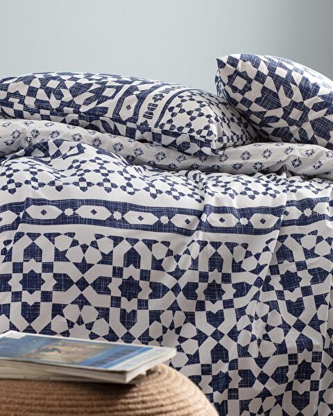 Ensemble de housse de couette imprimé Ranforce double 100 % coton Deor - Bleu marine - 6