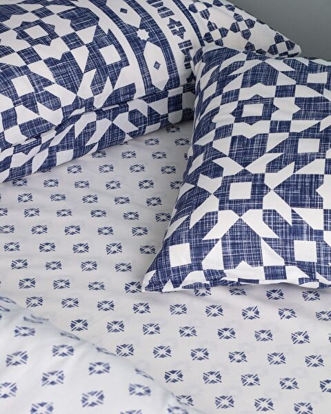 Ensemble de housse de couette imprimé Ranforce double 100 % coton Deor - Bleu marine - 3