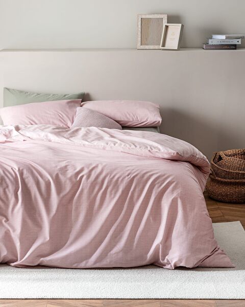 Ensemble de housse de couette imprimé Ranforce double 100 % coton Odette - Poudre - 0