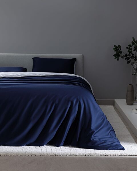Coyne Double 100% Cotton Printed Satin Duvet Cover Set - Navy Blue - 0