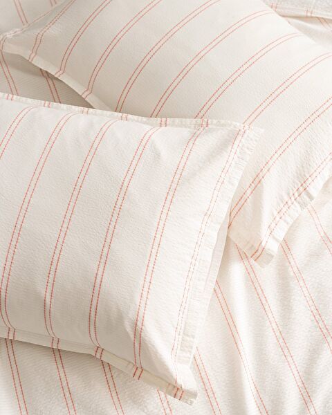 Linda gestreepte tweepersoons dekbedovertrekset van 100% gewassen katoen, seersucker - wit/koraal - 7
