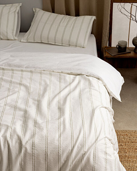 Linda gestreepte tweepersoons dekbedovertrekset van 100% gewassen katoen, seersucker - wit/kaki - 2