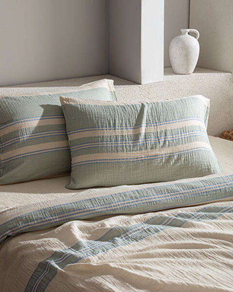 Sheryl Double Sıze Muslın Yarn Dyed Duvet Cover Set - Fıtted - 3