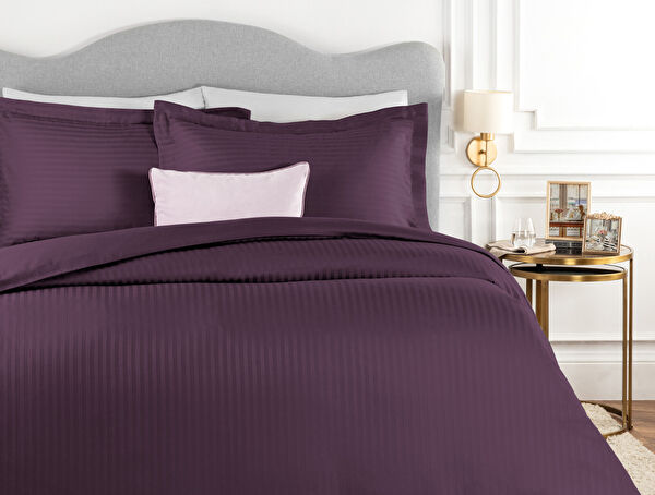 Elicia Doppelt gestreiftes Satin-Bettbezug-Set - Pflaume - 0