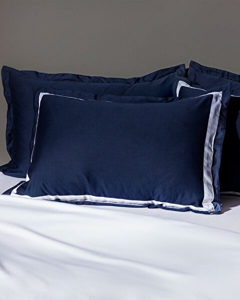 Jeanne King Size Bordered Satin Duvet Cover Set - Navy Blue/White - 1