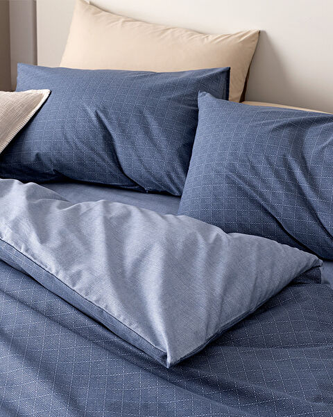 Ensemble de housse de couette imprimée Ranforce King Size Odette - Bleu marine - 1