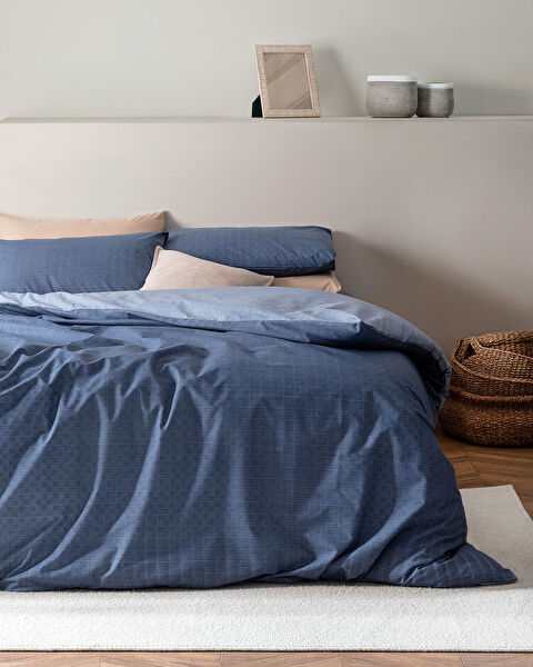 Ensemble de housse de couette imprimée Ranforce King Size Odette - Bleu marine - 0