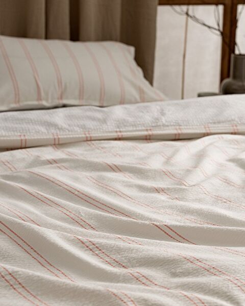 Linda gestreept kingsize dekbedovertrekset van 100% gewassen katoen, seersucker - wit/koraal - 4