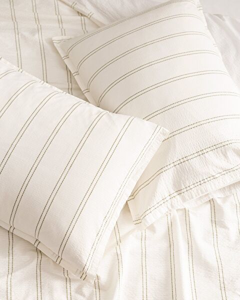 Linda gestreept kingsize dekbedovertrekset van 100% gewassen katoen, seersucker - wit/kaki - 7